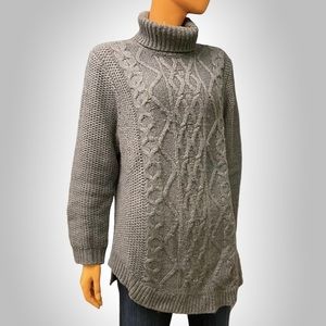 KIKIT Cable Knit Turtleneck Sweater Asymmetrical Hem